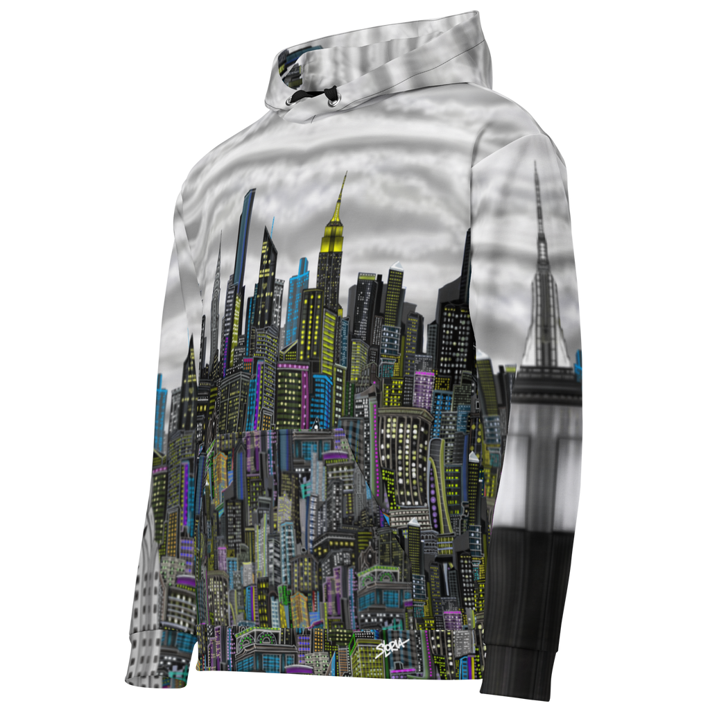 Side front view of Hoodie with cityscape Loria NYC Art design on a white background