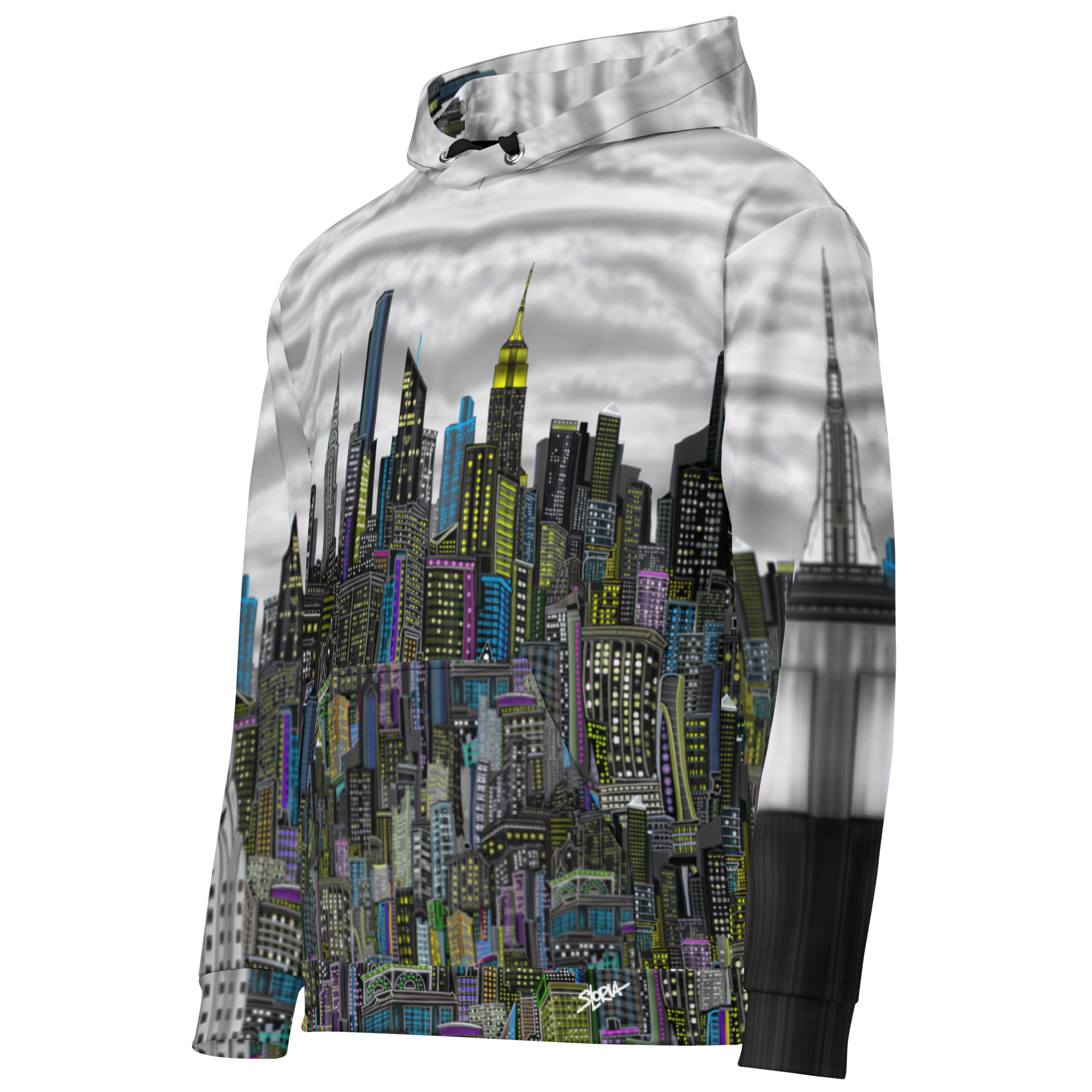 Side front view of Hoodie with cityscape Loria NYC Art design on a white background