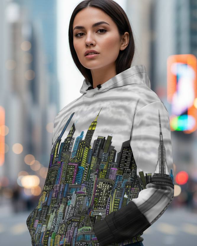 Woman wearing a hoodie with cityscape Loria NYC Art design on a blurred city street background
