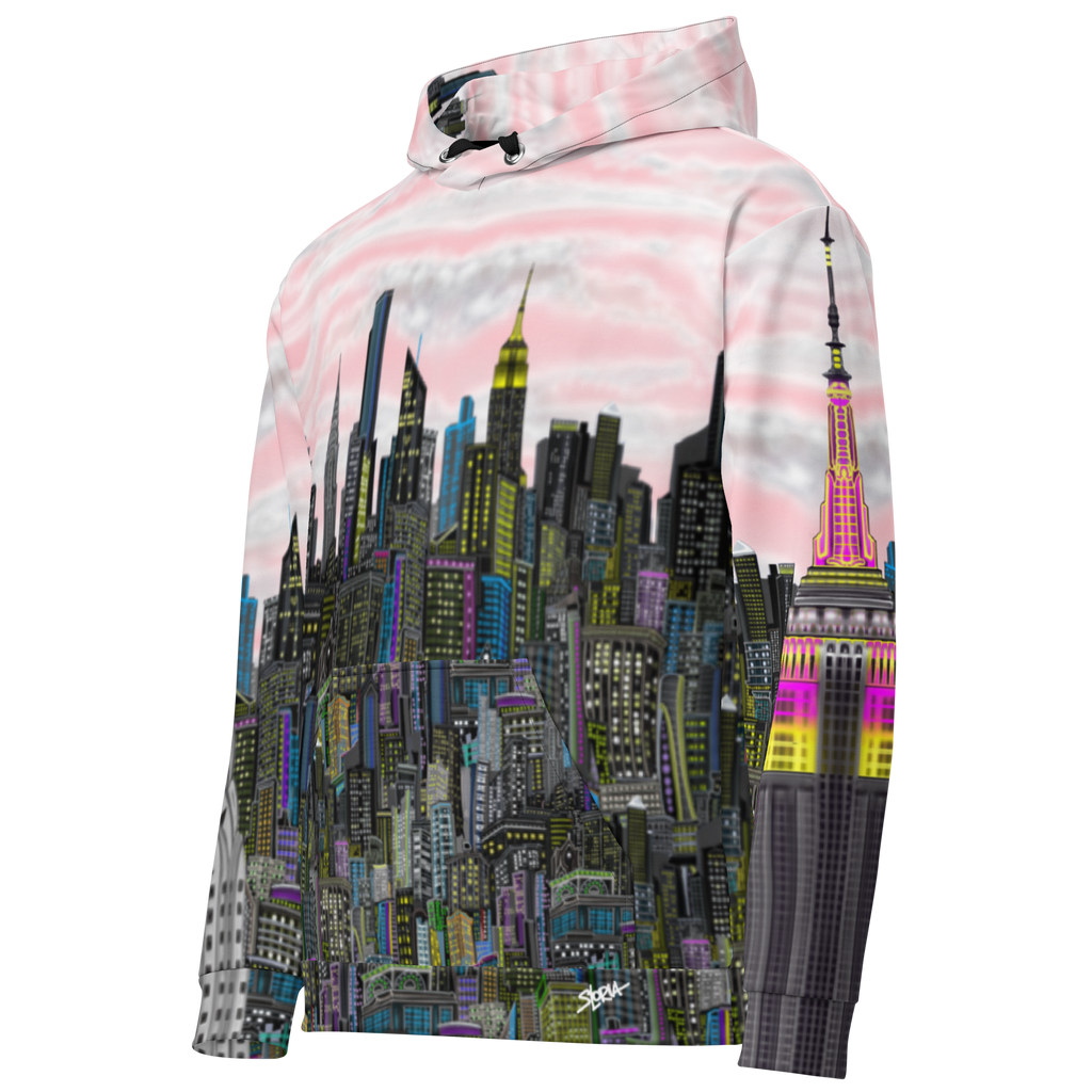 Pink Hoodie with cityscape Loria NYC Art design on a white background