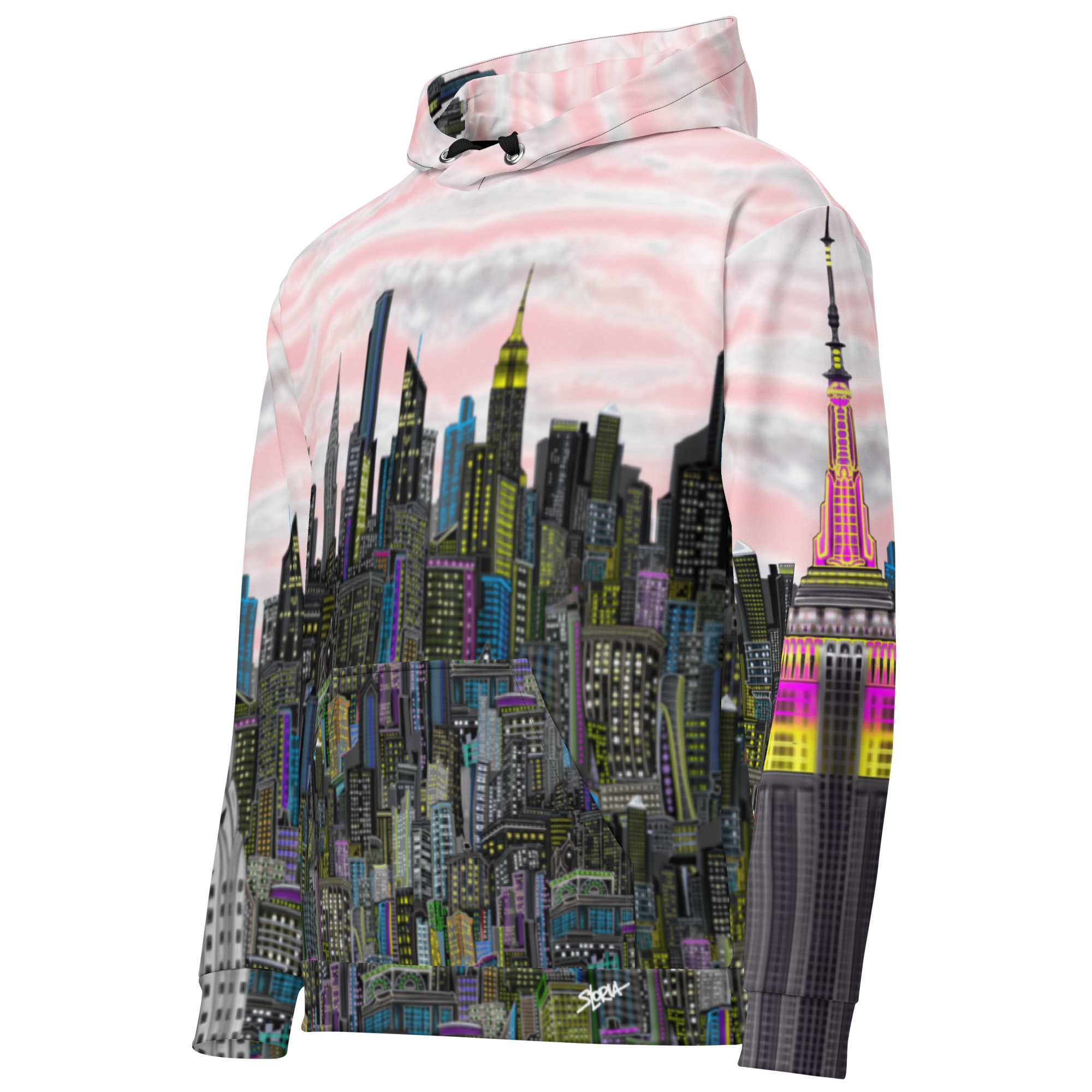 Pink Hoodie with cityscape Loria NYC Art design on a white background