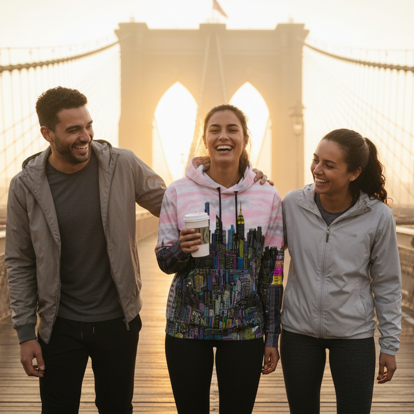 Three people walking on a bridge with girl in a pink cityscape Loria NYC Art hoodie  