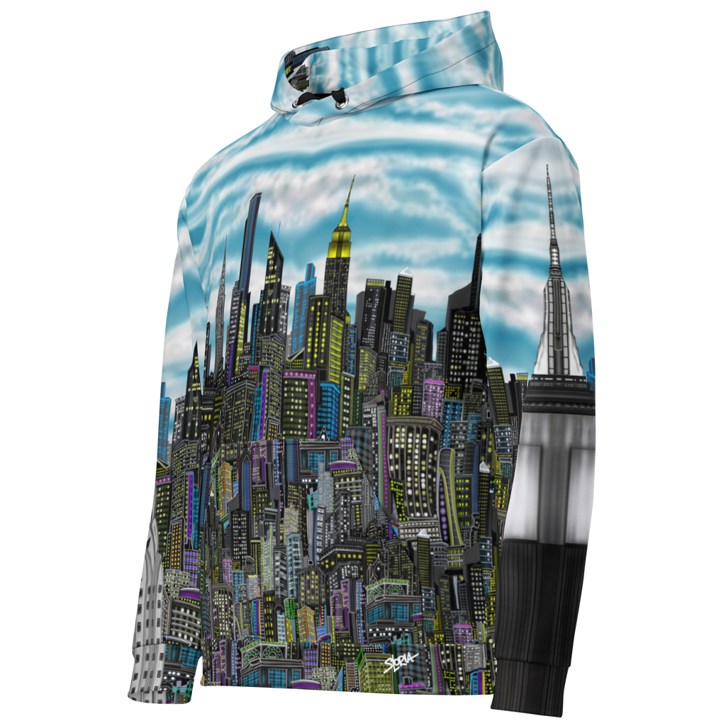 Side back of a Hoodie with cityscape Loria NYC Art design on a white background