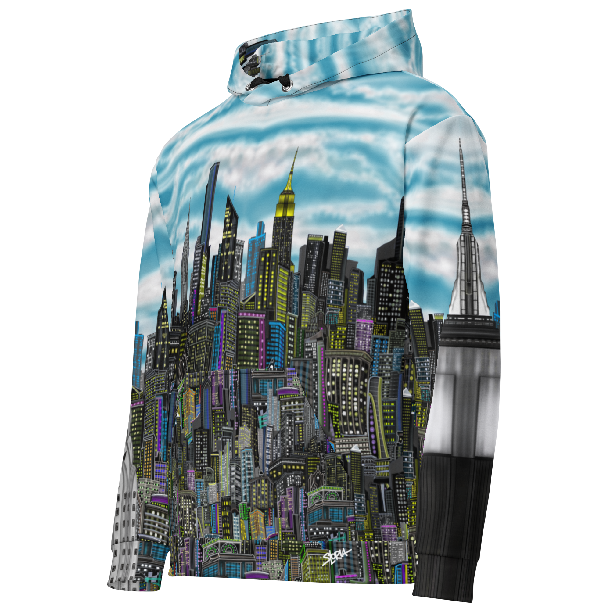 Side back of a Hoodie with cityscape Loria NYC Art design on a white background