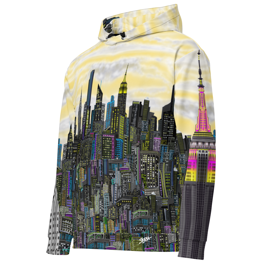 Yellow Hoodie with a Loria NYC Art cityscape design on a white background