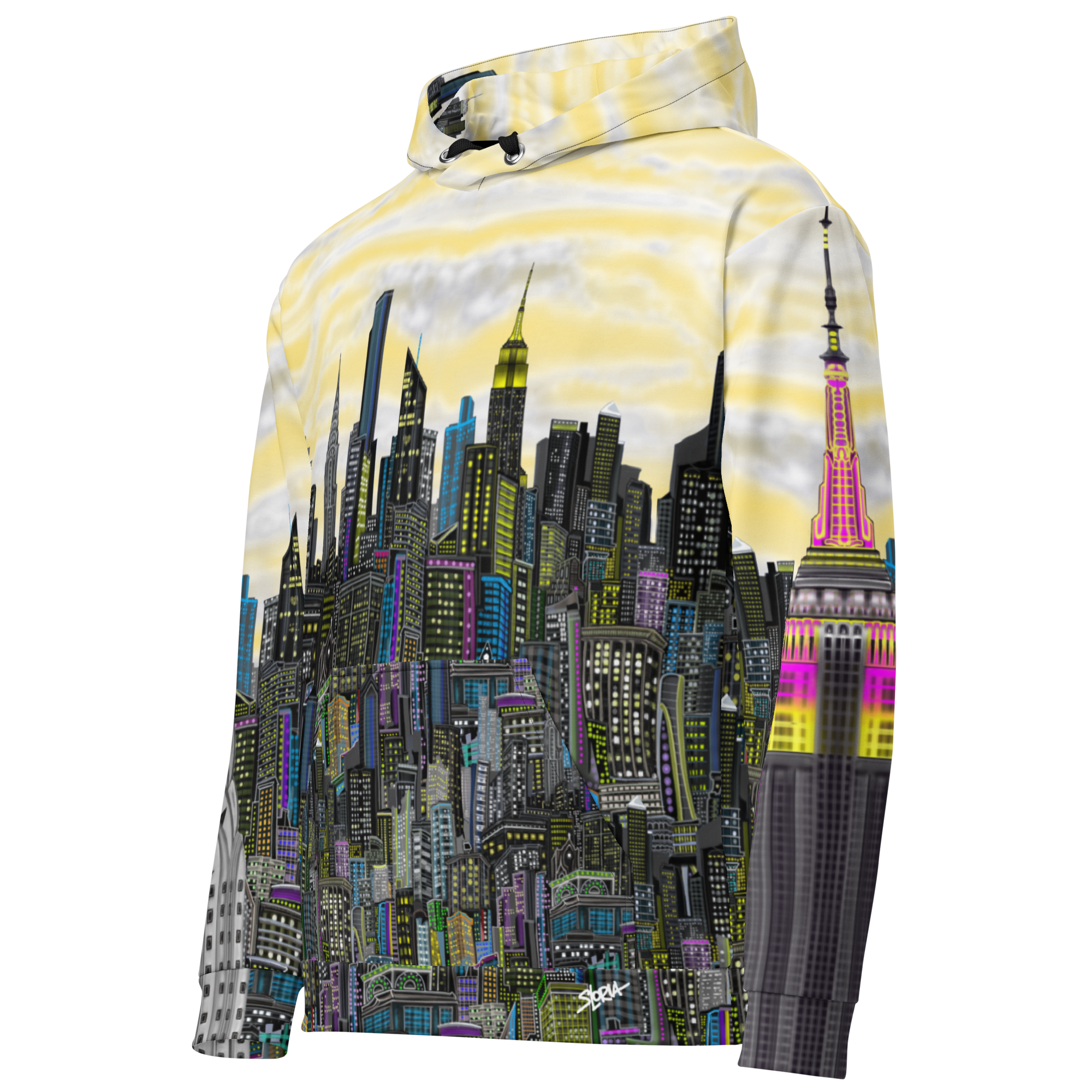 Yellow Hoodie with a Loria NYC Art cityscape design on a white background