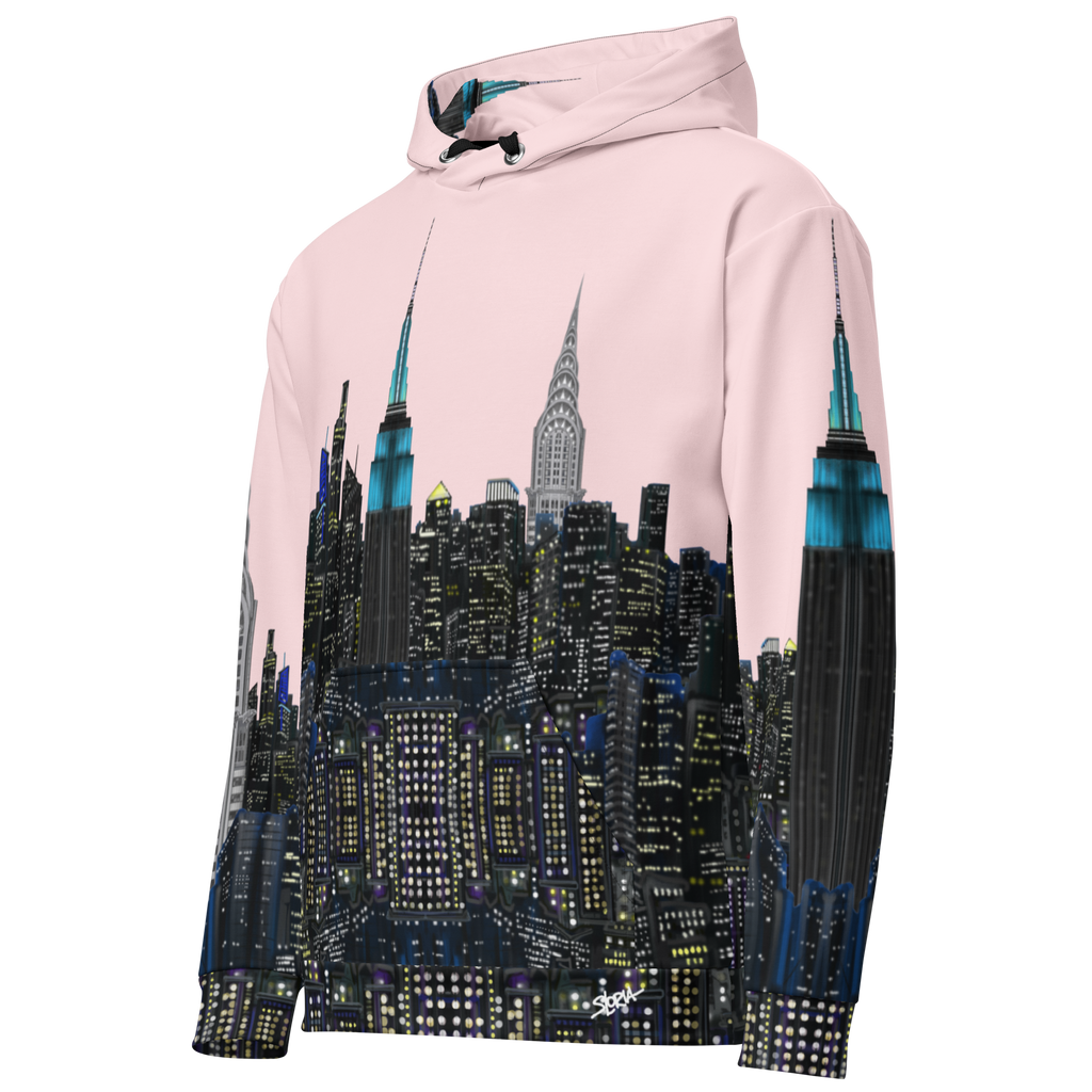 Pink hoodie with a cityscape Loria NYC Art design on a white background