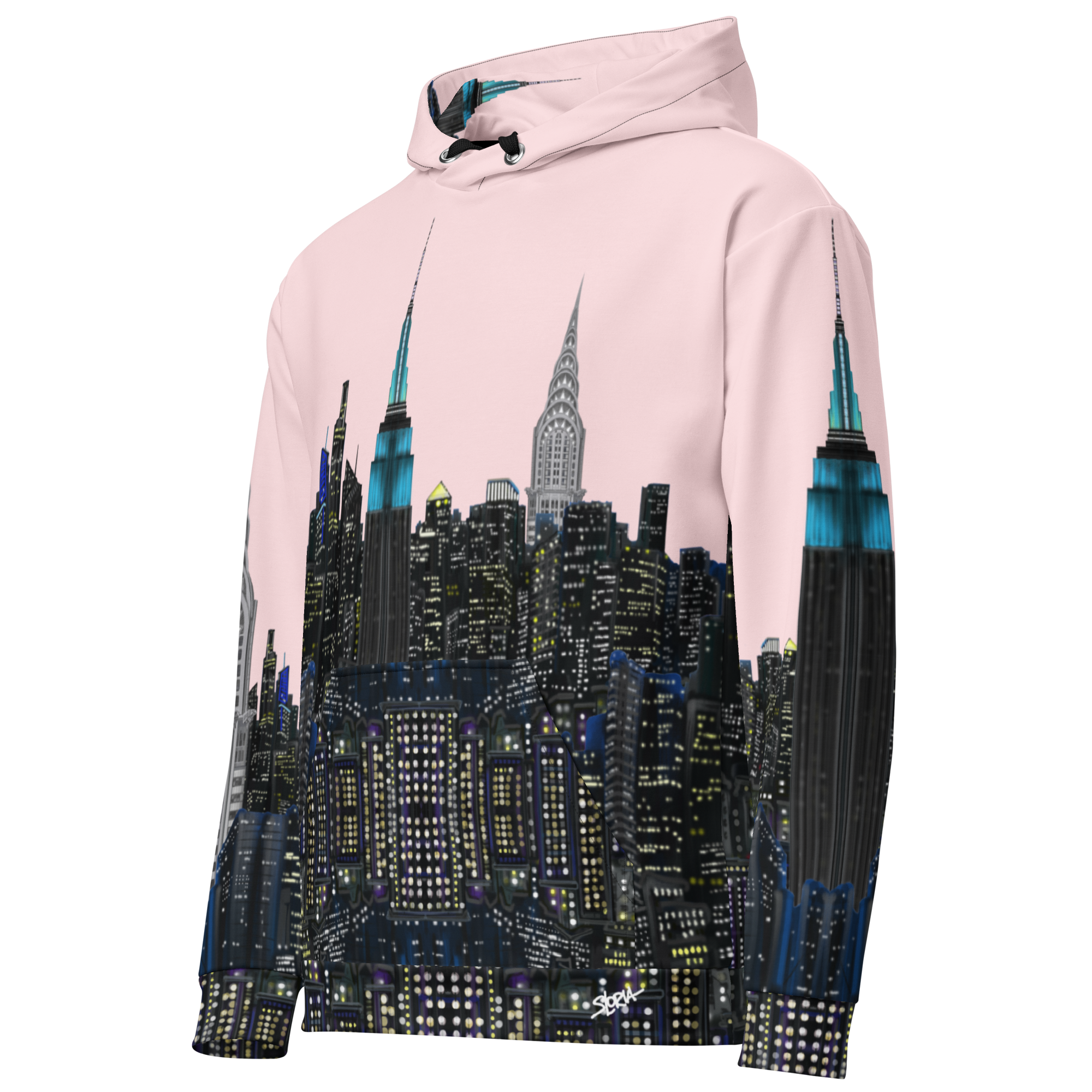 Pink hoodie with a cityscape Loria NYC Art design on a white background