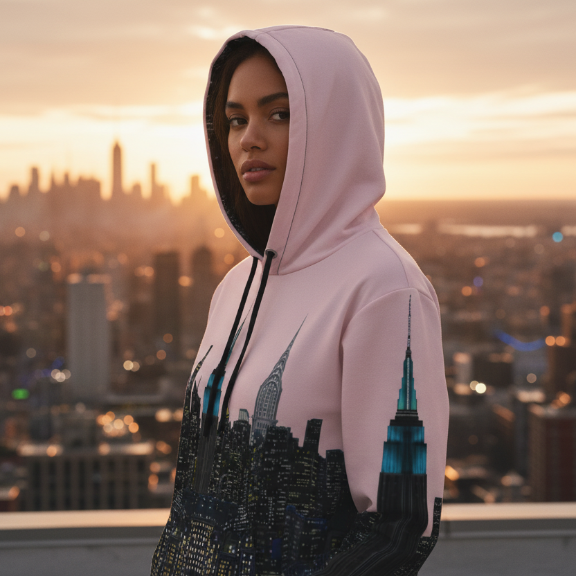 Person wearing a pink hoodie with a cityscape Loria NYC Art design, standing on a rooftop with a city skyline in the background.