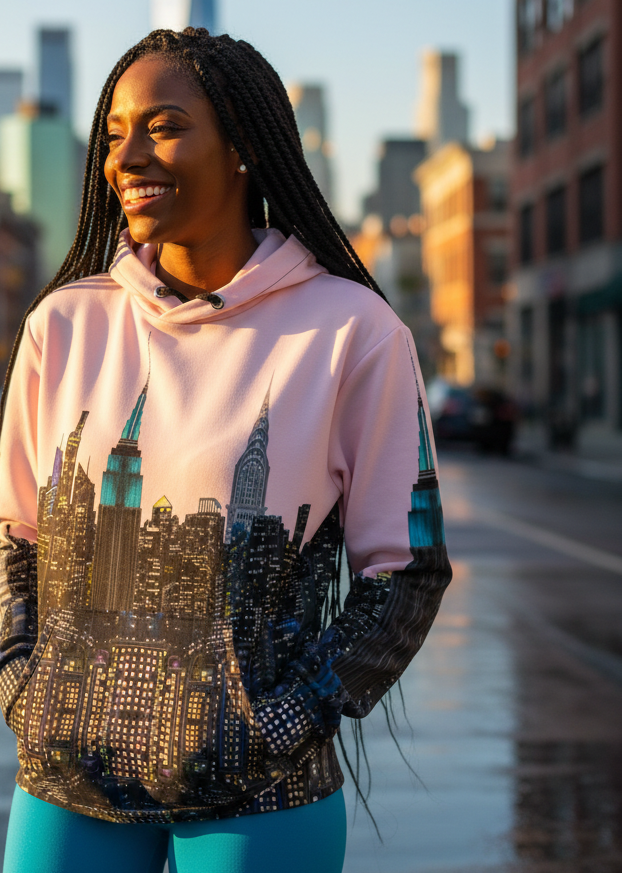 Woman wearing a hoodie with a cityscape Loria NYC Art design on a city street