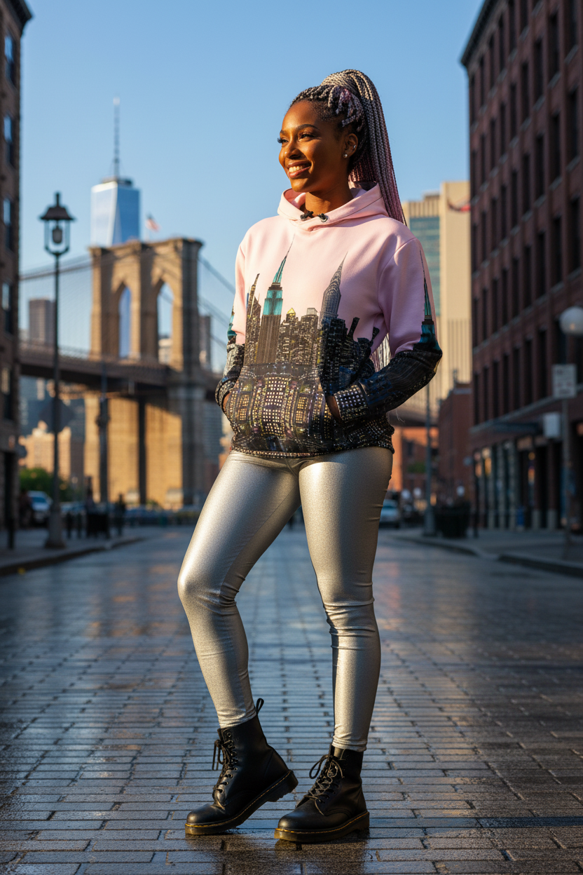 Person wearing a Loria NYC Art pink hoodie and silver leggings standing on a city street with the Brooklyn Bridge in the background.