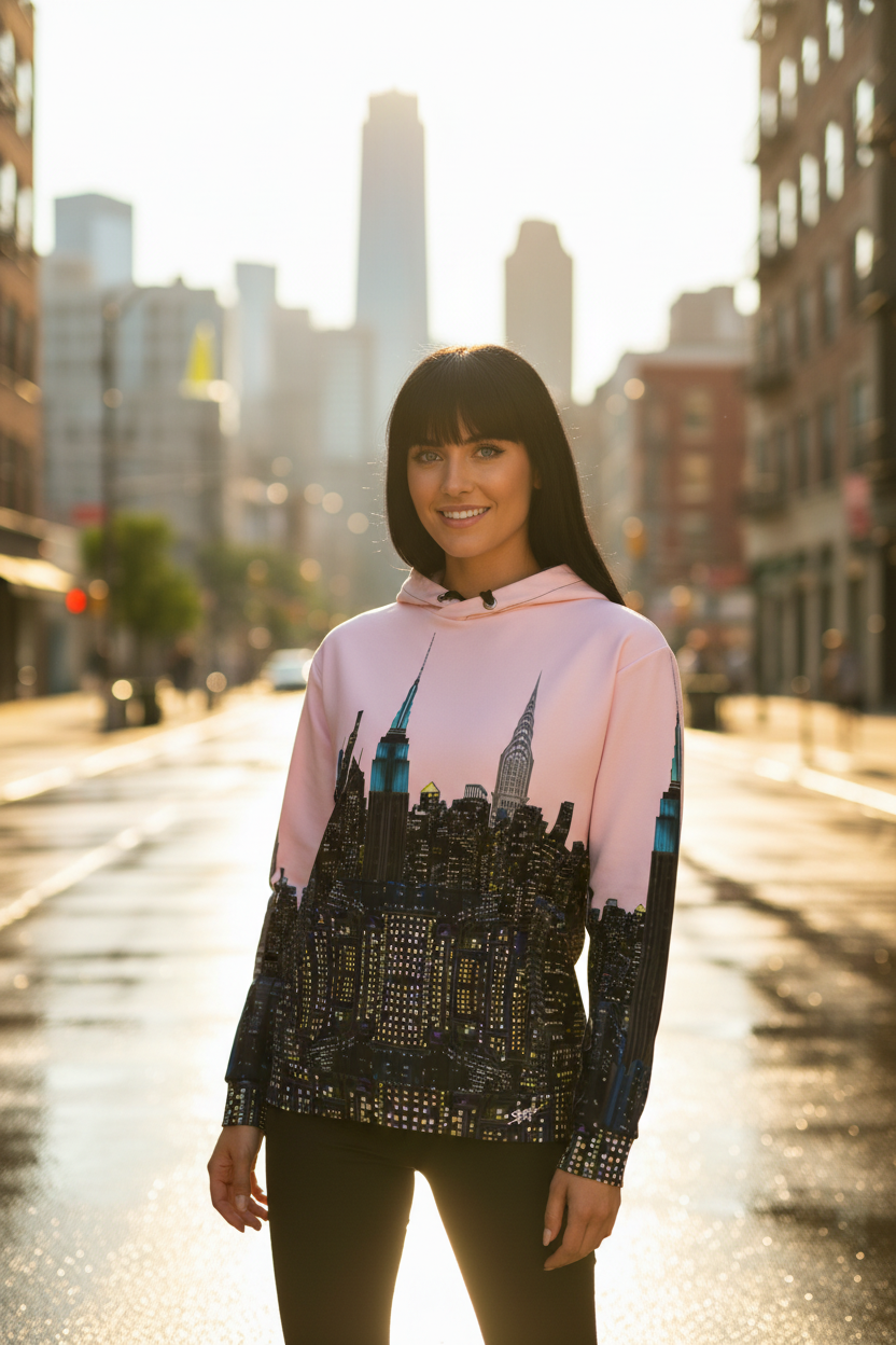 Woman wearing a pink hoodie with a cityscape Loria NYC Art design on a city street.