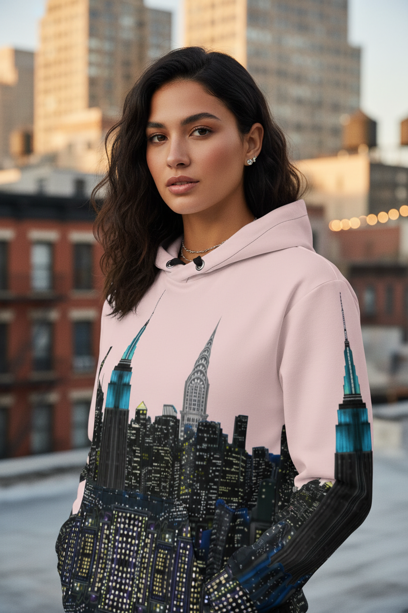 Woman wearing a pink hoodie with a cityscape Loria NYC Art design in an urban setting