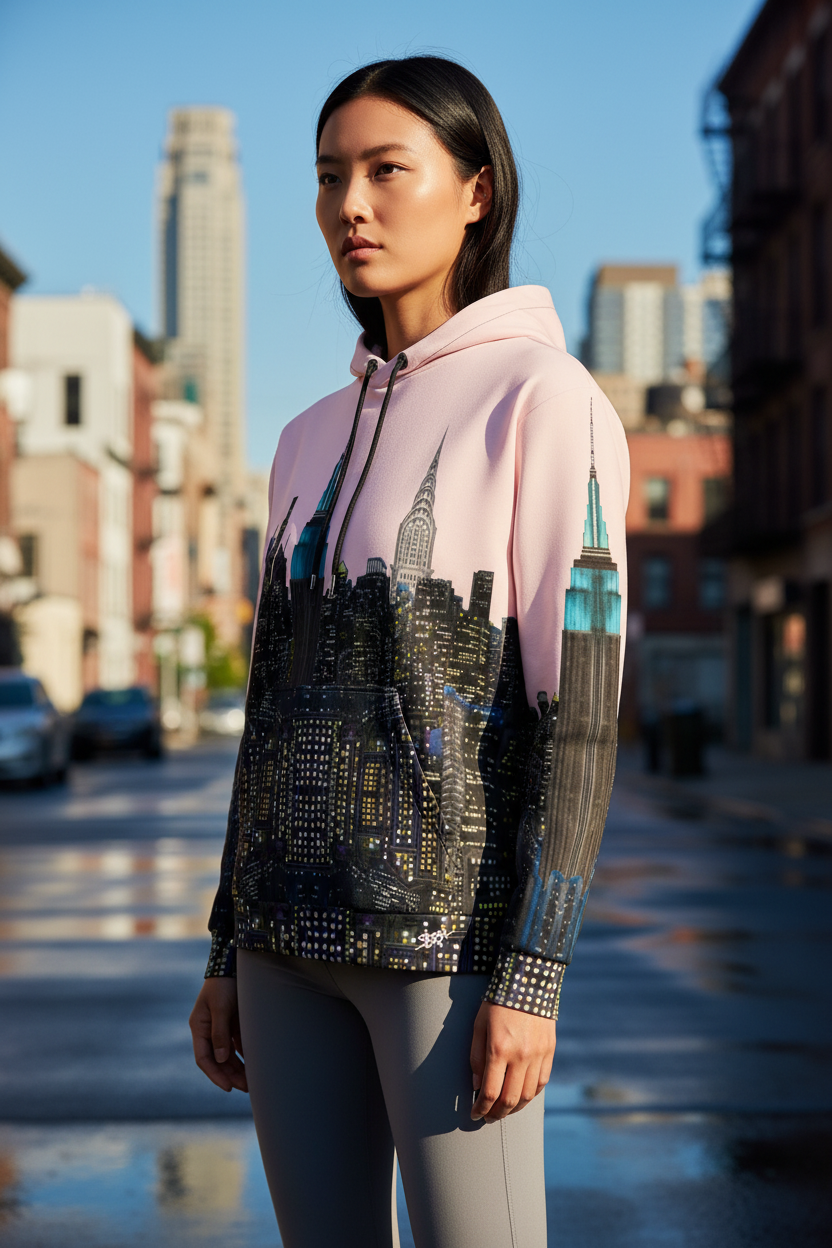 Woman wearing a pink hoodie with cityscape Loria NYC Art design on a city street