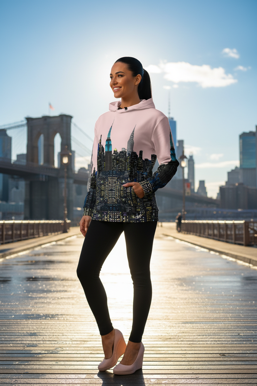 Woman wearing a hoodie with a cityscape Loria NYC Art design on a bridge with the Brooklyn Bridge in the background.
