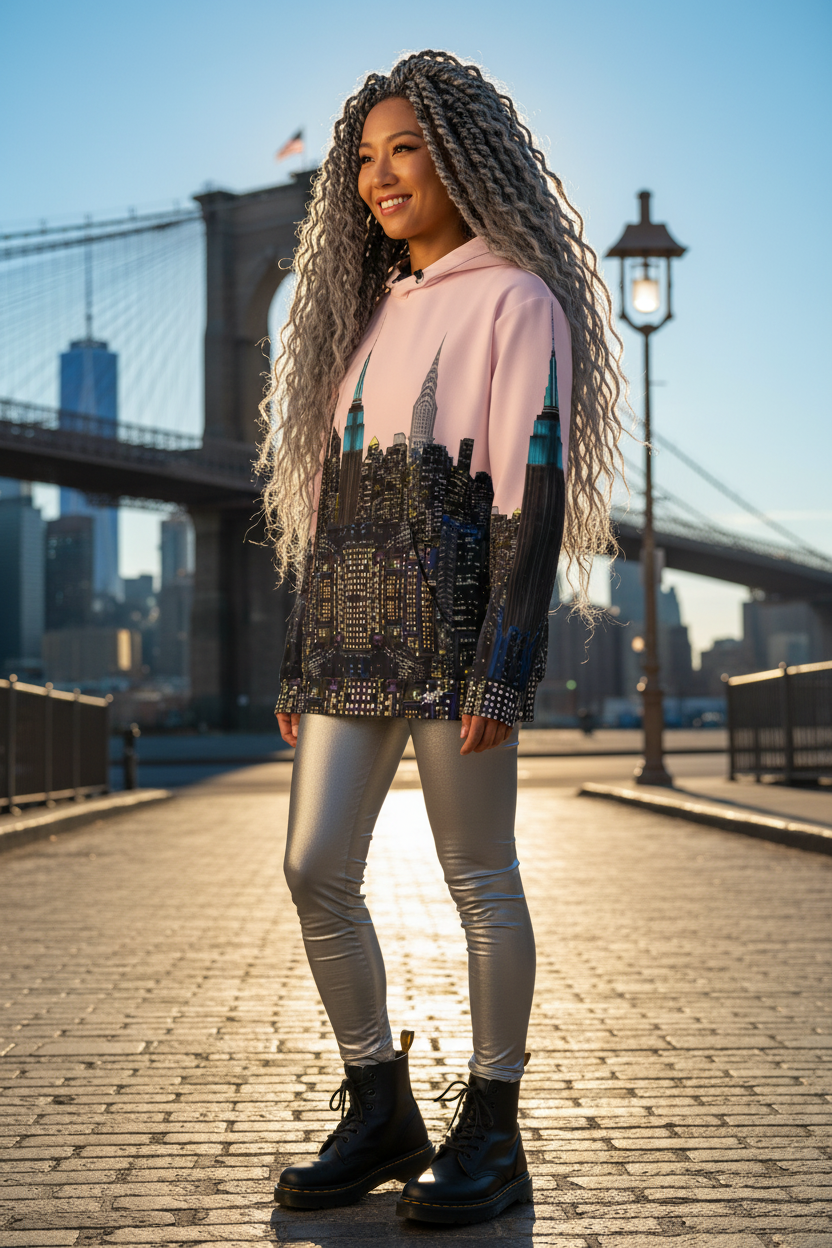 Woman wearing a pink Loria NYC Art hoodie standing on a bridge with a city skyline in the background