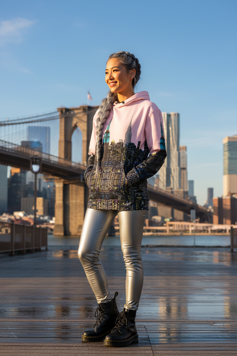 Person wearing a Loria NYC Art pink hoodie and silver pants standing on a wooden platform with a bridge and city skyline in the background.