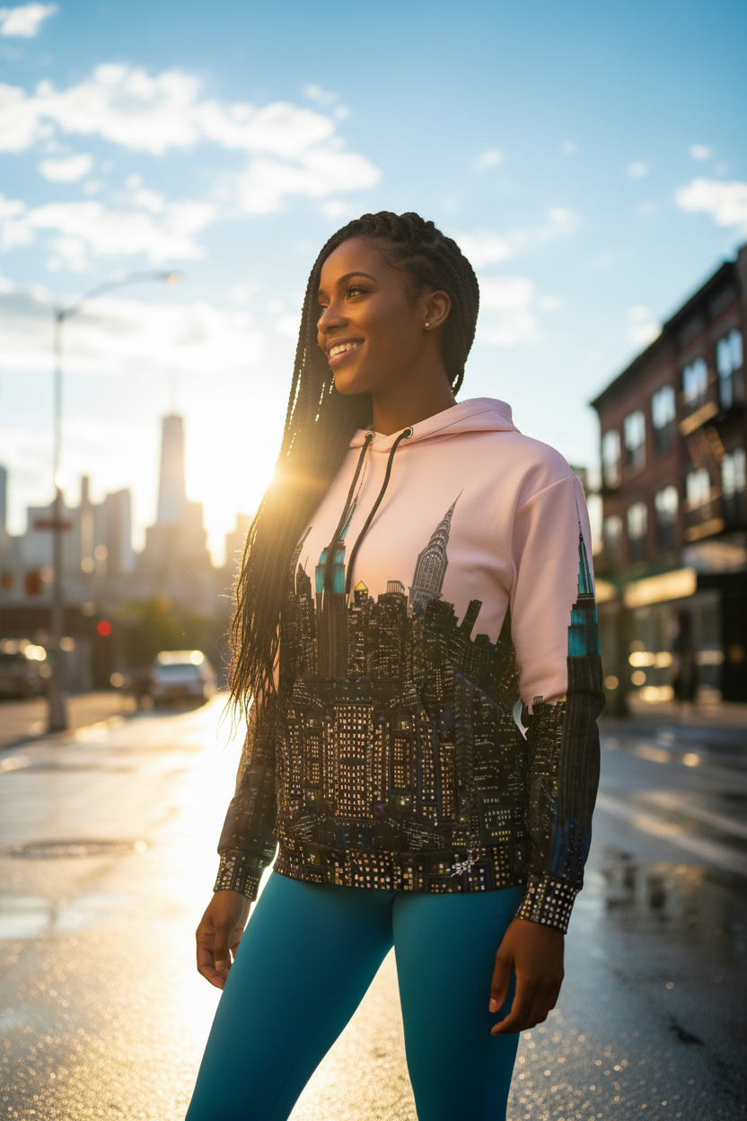 Woman wearing a hoodie with a cityscape Loria NYC Art design on an urban street