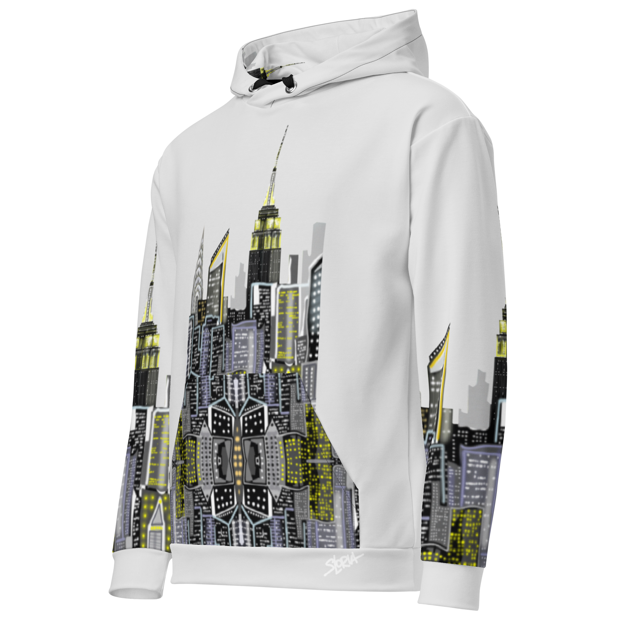 White hoodie with cityscape Loria NYC Art design on a white background