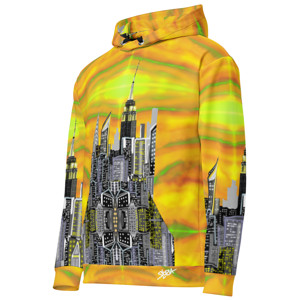 Hoodie with a Loria NYC Art cityscape design on a yellow and green background