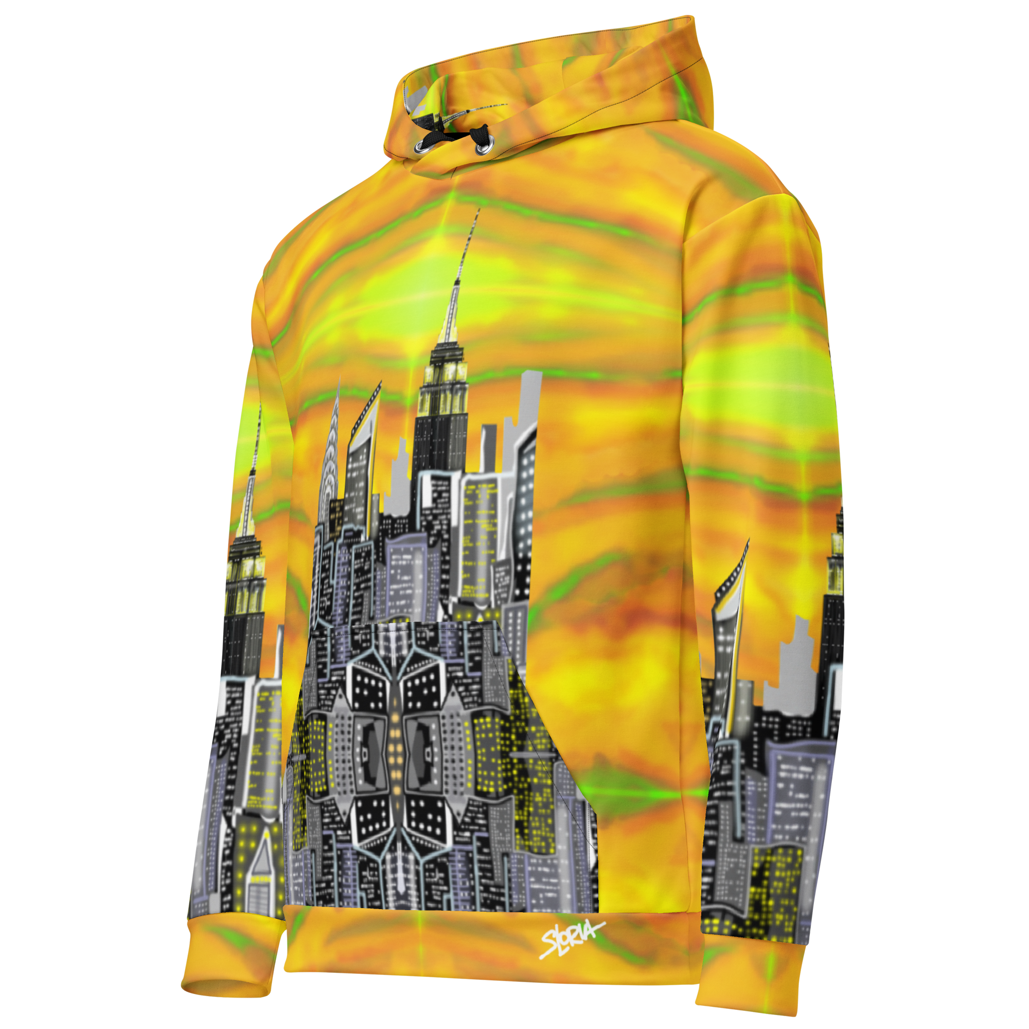 Hoodie with a Loria NYC Art cityscape design on a yellow and green background