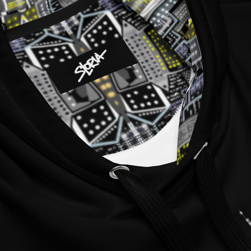 Close-up of a black Loria NYC Art hoodie with a geometric pattern and brand logo.