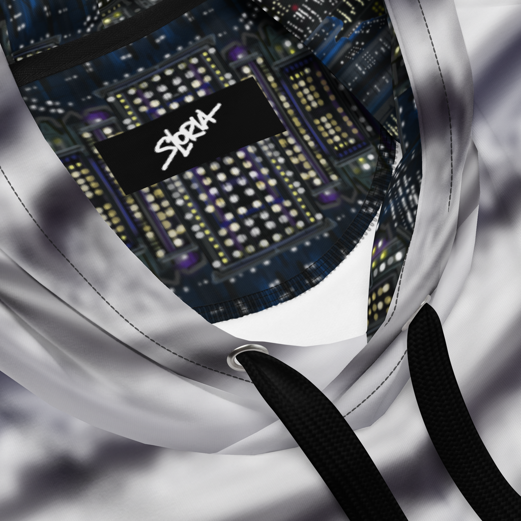 Close-up of a white bag with a black interior featuring a cityscape design and 'S.Loria' brand logo.