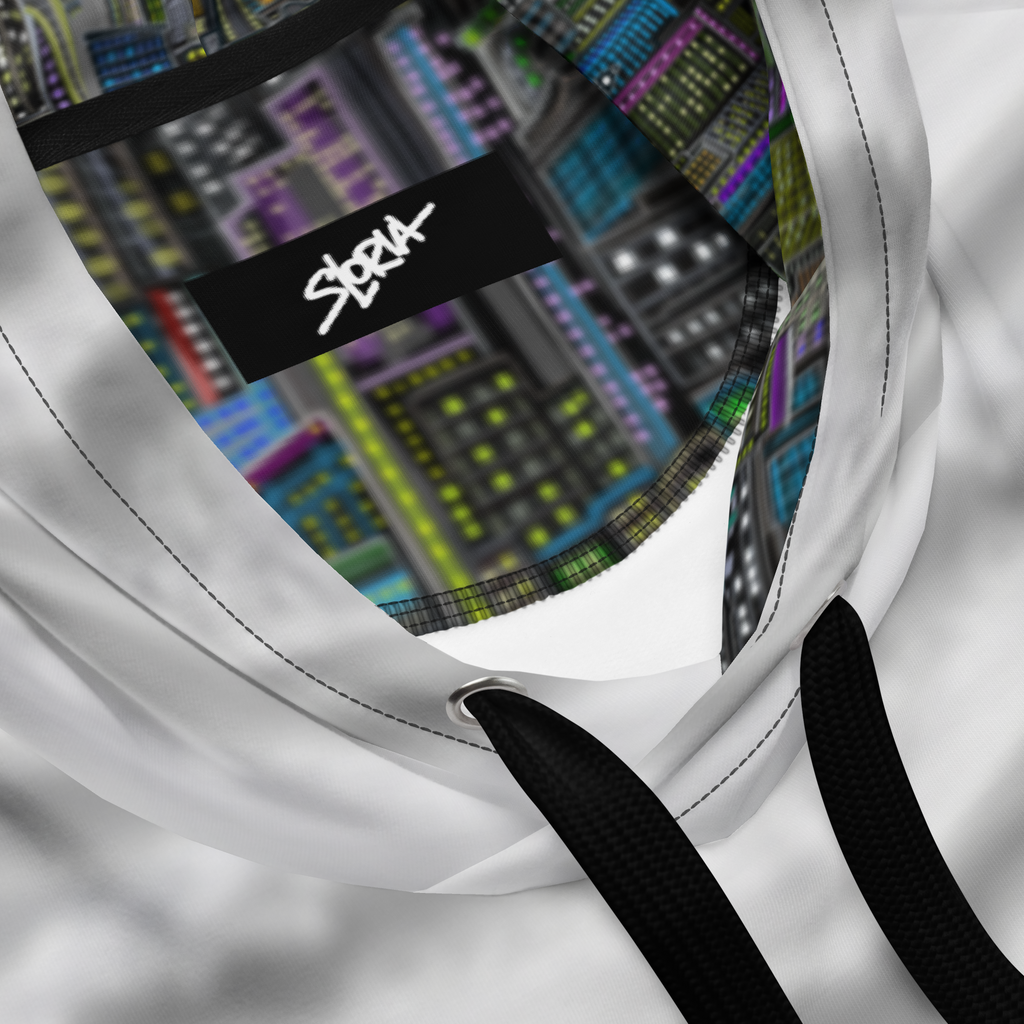 Close-up of a white jacket with a colorful patterned Loria NYC Art design and a brand logo on a white background.