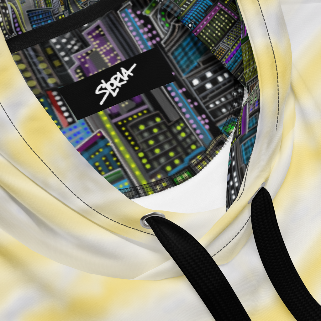 Close-up of a hoodie with a colorful Loria NYC Art cityscape pattern and a brand logo on a white background.