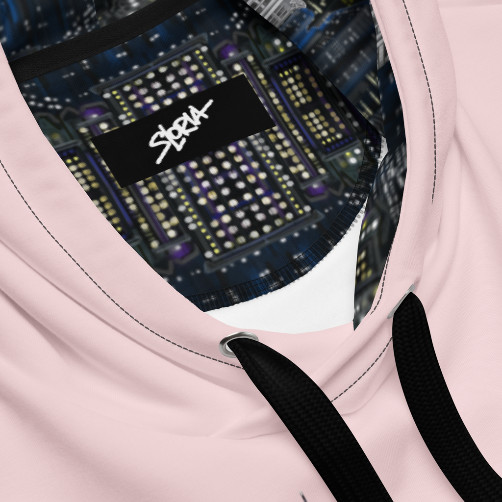 Pink hoodie with a cityscape Loria NYC Art design and 'SLoria' logo on a black rectangular patch.