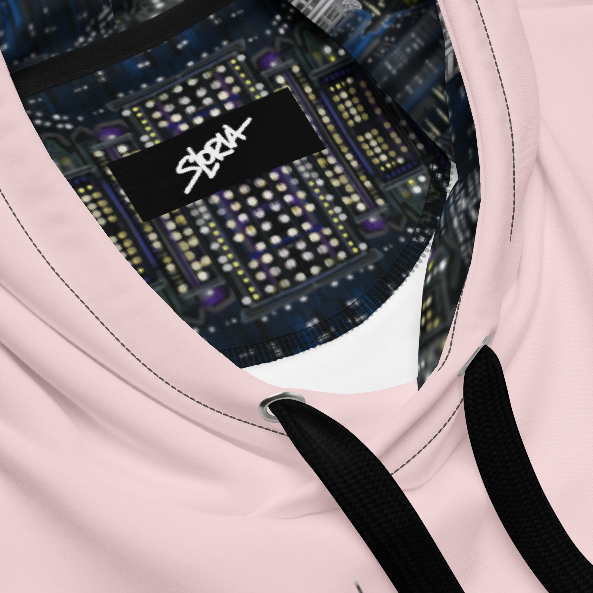 Pink hoodie with a cityscape Loria NYC Art design and 'SLoria' logo on a black rectangular patch.