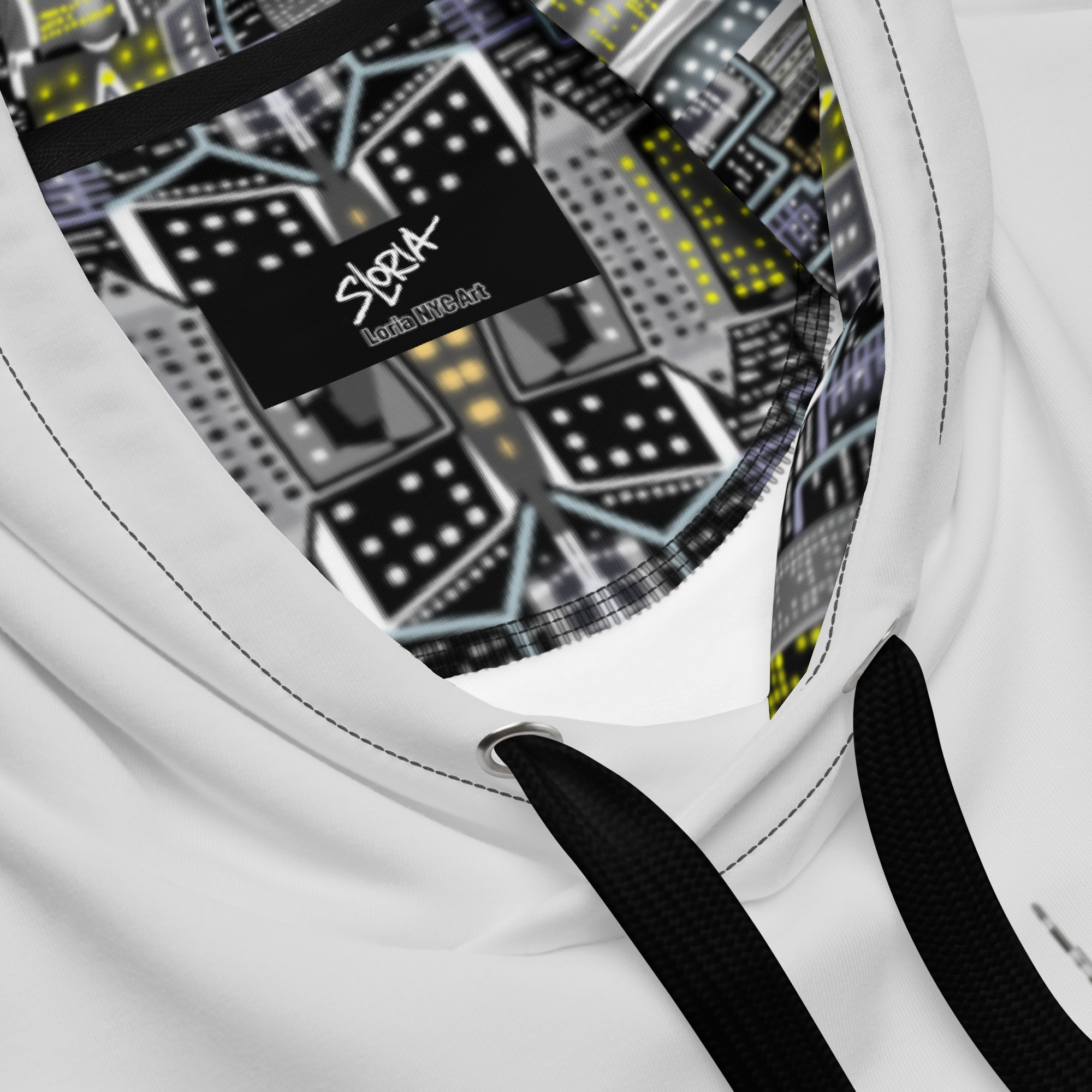 Close-up of a hoodie with a cityscape Loria NYC Art and a visible brand label.