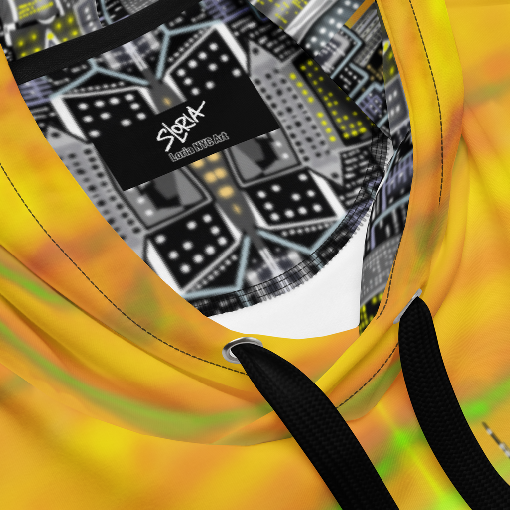 Close-up of a colorful Loria NYC Art hoodie with a patterned design and visible brand label.