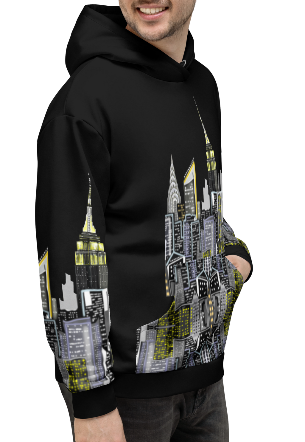 Person wearing a Loria NYC Art black hoodie with cityscape design on a white background
