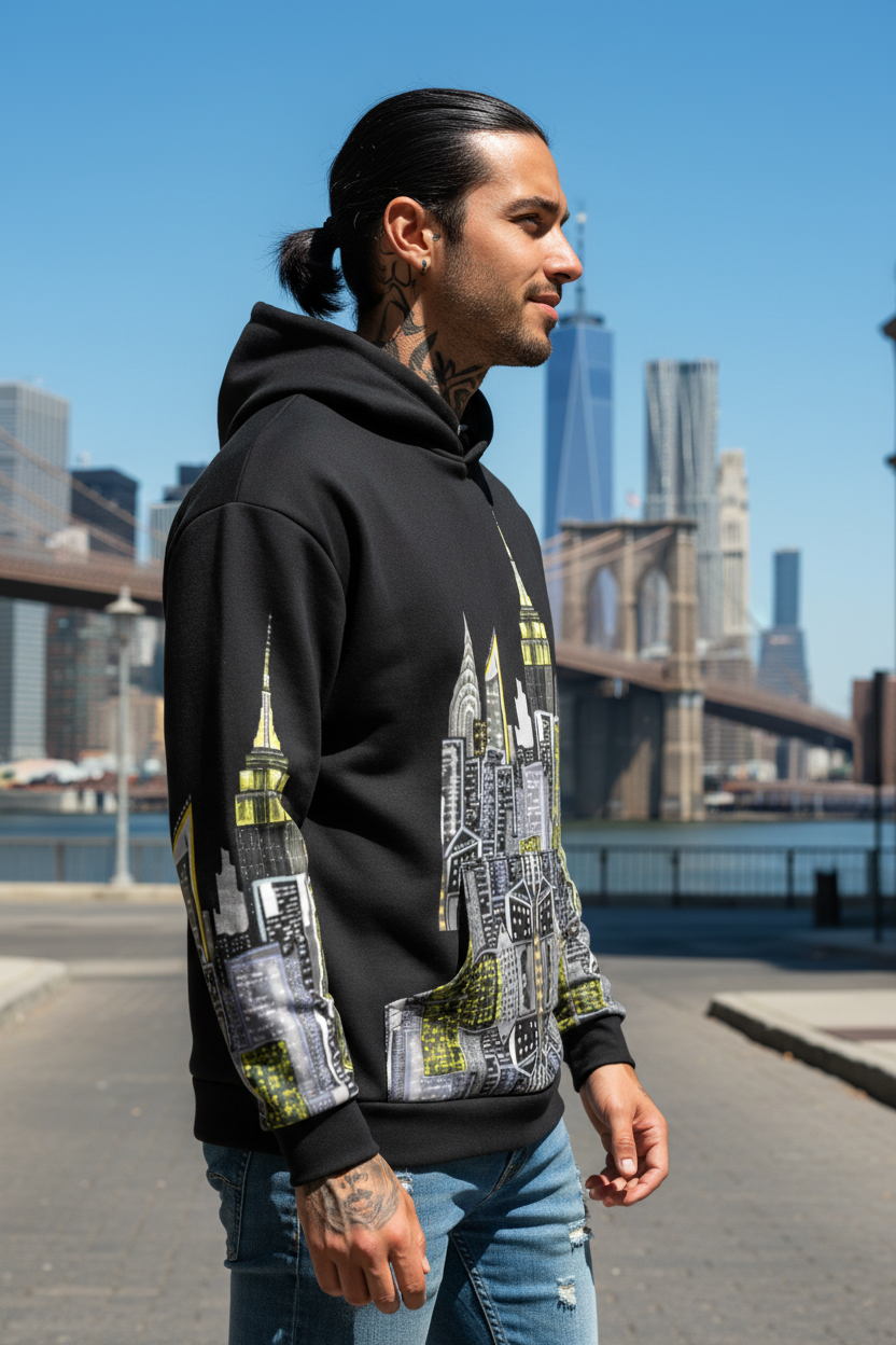 Man posing and wearing a black Loria NYC Art hoodie with cityscape design, with the skyline in the background.