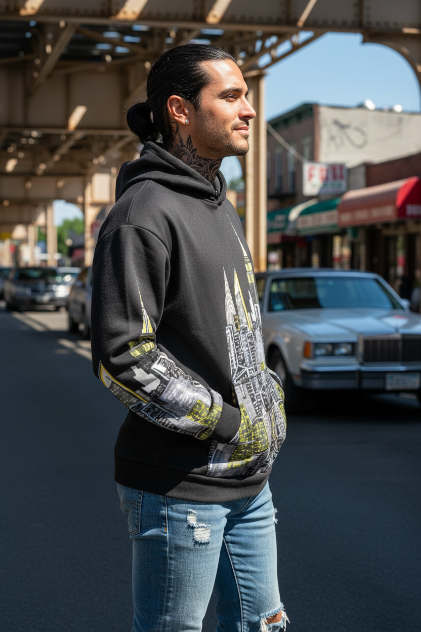 Man posing and wearing a black Loria NYC Art hoodie with cityscape design, with the elevated train in the background.