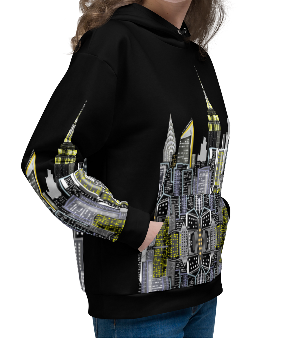 Woman posing in a black hoodie with a cityscape Loria NYC Art design on a white background