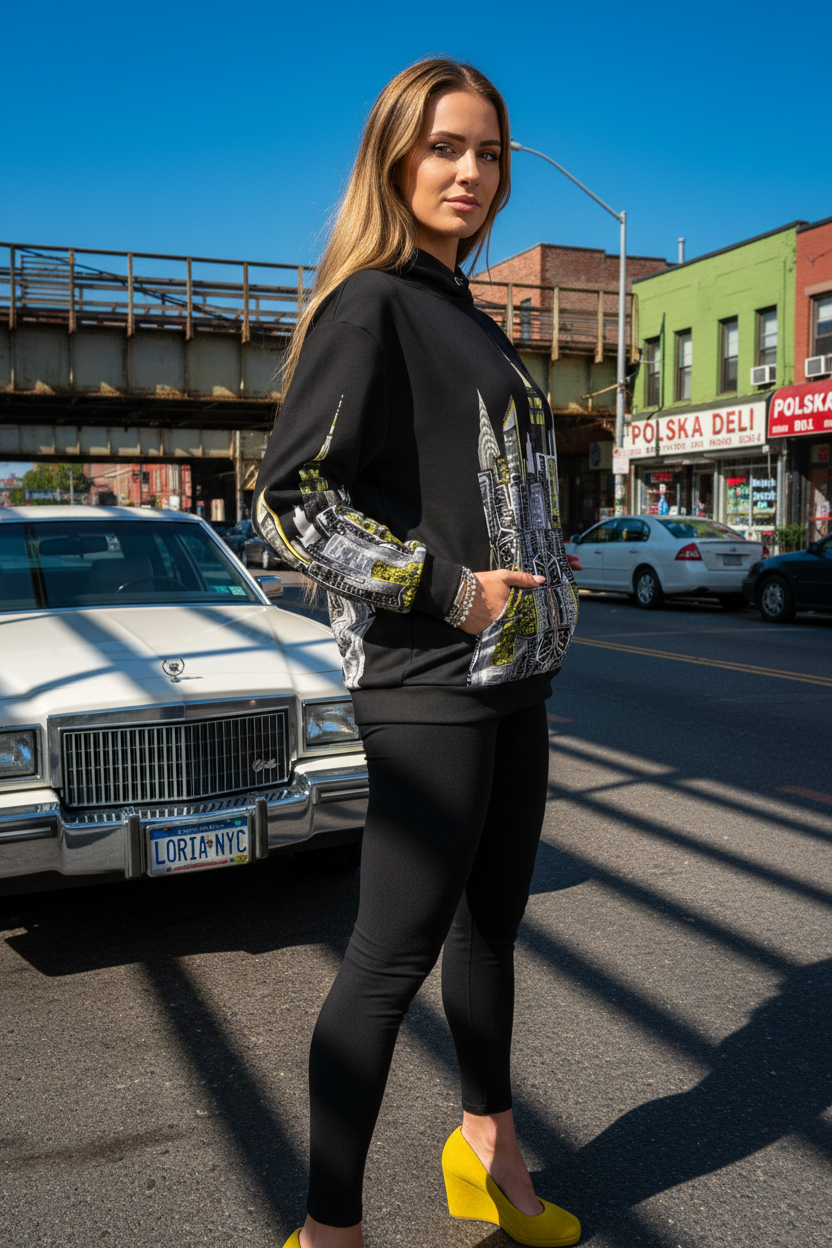 Person standing in front of a car posing and wearing a black Loria NYC Art hoodie standing in an urban setting.