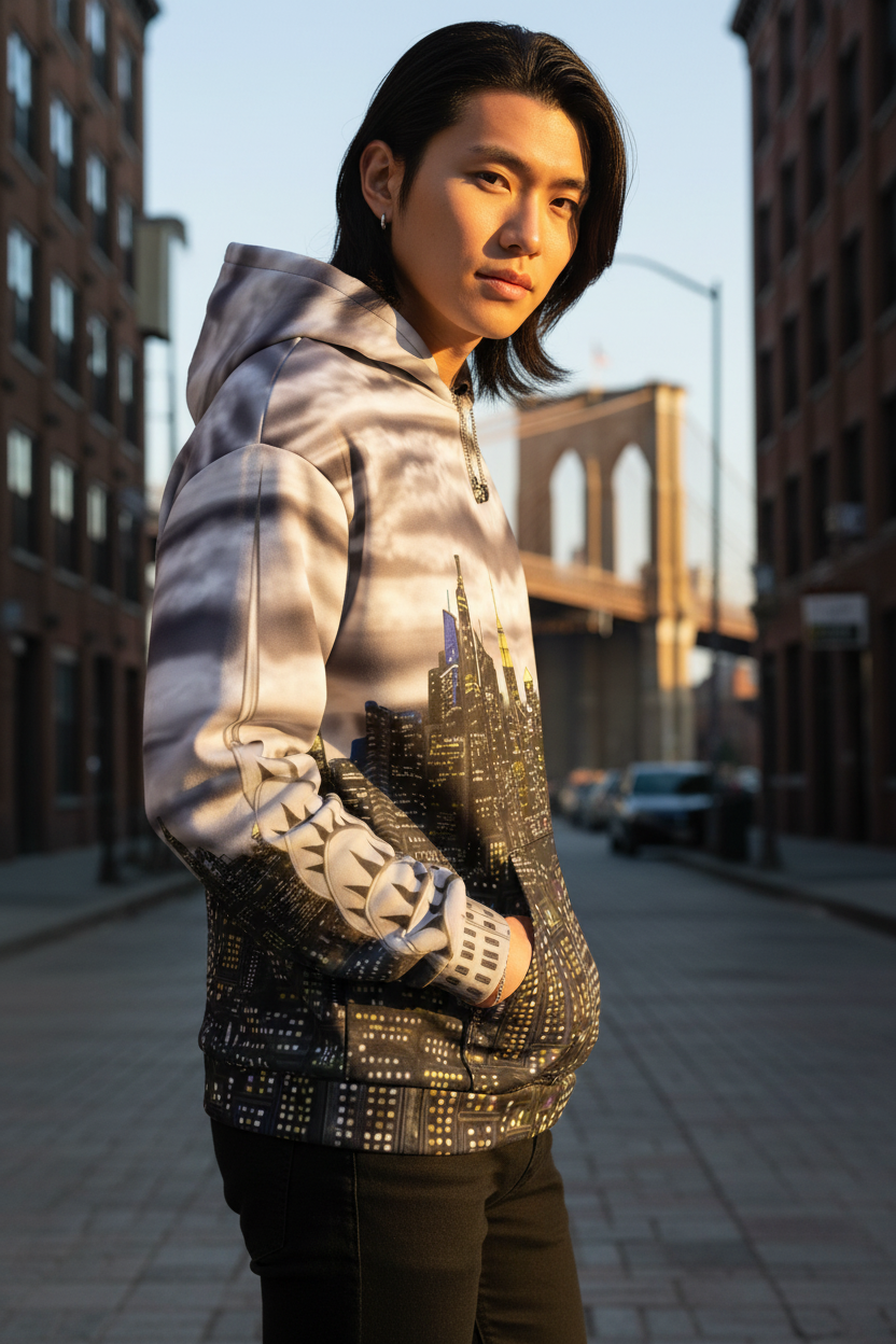 Person wearing a hoodie with a Loria NYC Art cityscape design on a white background