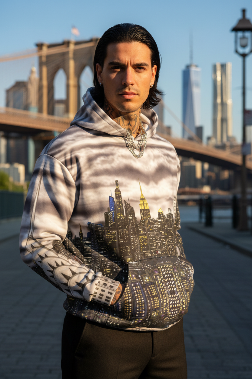Person wearing a Loria NYC Art hoodie with a cityscape design, standing in front of a bridge and skyline.