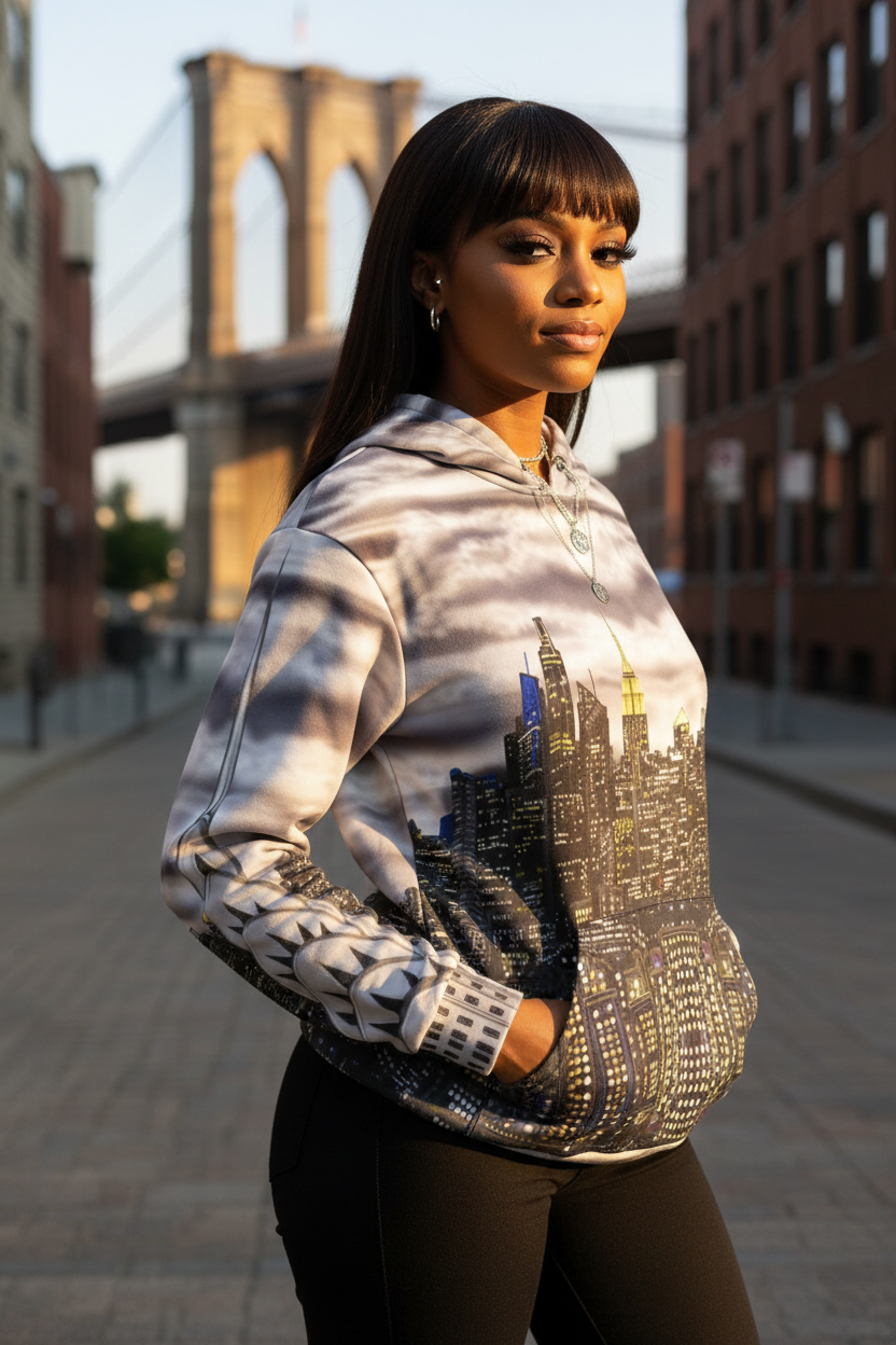 Woman wearing a Loria NYC Art hoodie with a cityscape design in an urban setting