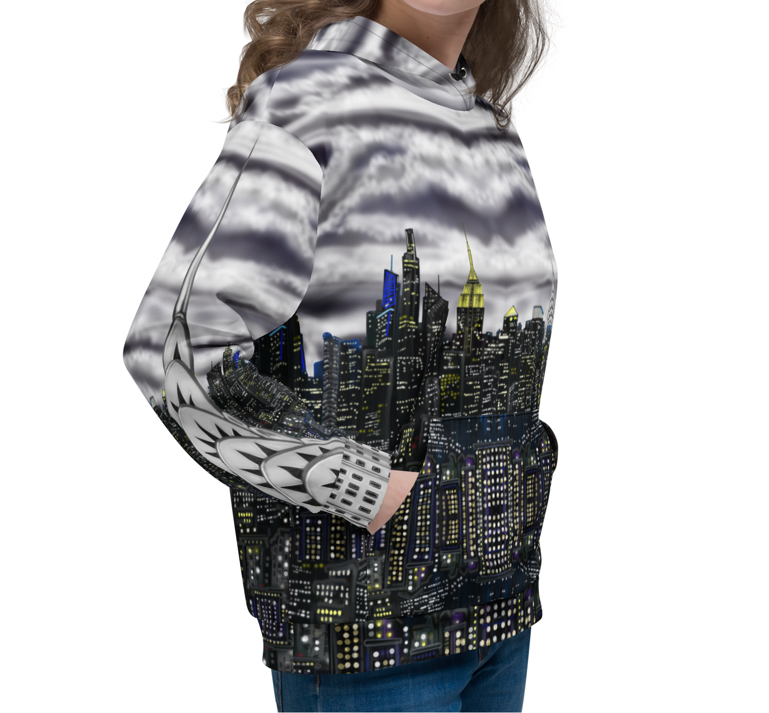Woman wearing a hoodie with a Loria NYC Art cityscape design on a white background