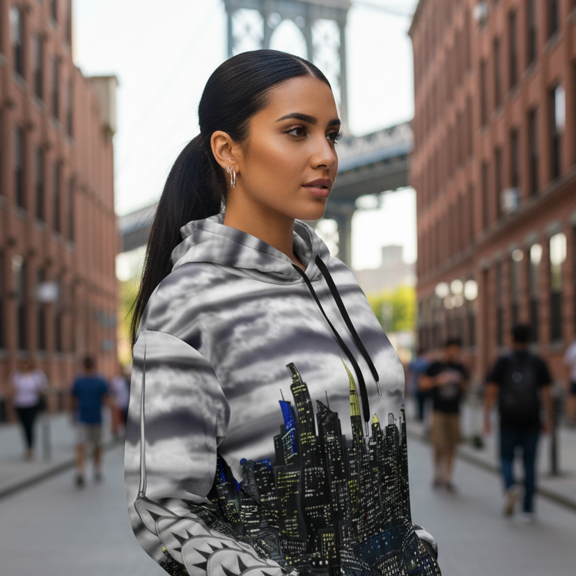 Person wearing a unique Loria NYC Art hoodie with cityscape design on a urban background