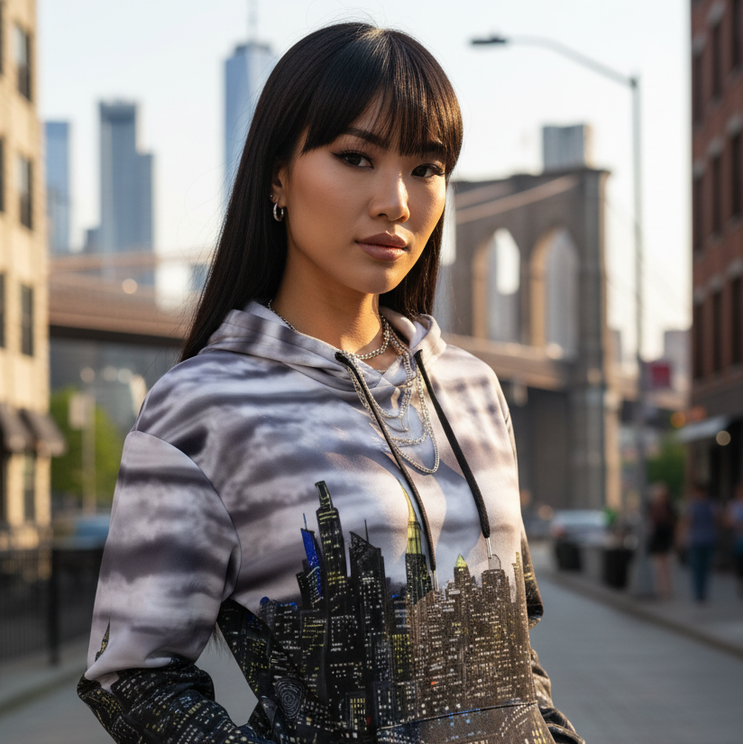 Woman wearing a hoodie with a Loria NYC Art cityscape design on a city street.