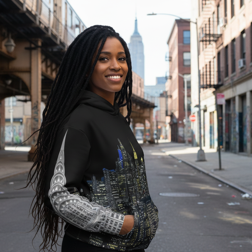 Woman wearing a black Loria NYC Art hoodie with cityscape design on a street in an urban setting