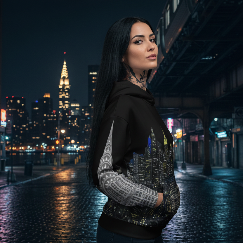 Woman wearing a Loria NYC Art hoodie standing on a city street at night with illuminated buildings in the background