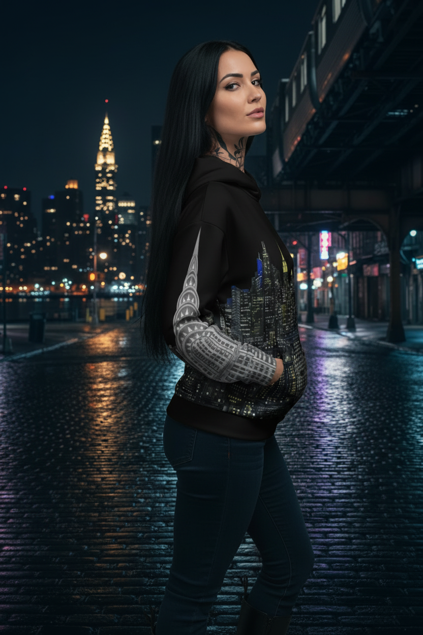 Woman in a black hoodie with Loria NYC Art standing on a city street at night.