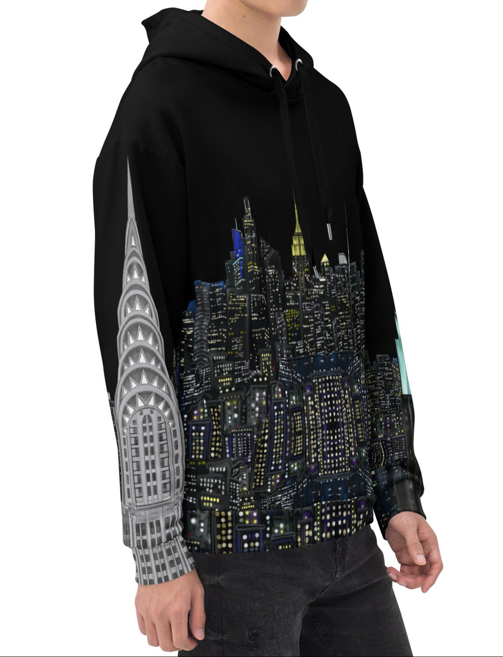 Person wearing a Loria NYC Art black hoodie with a cityscape design on a white background