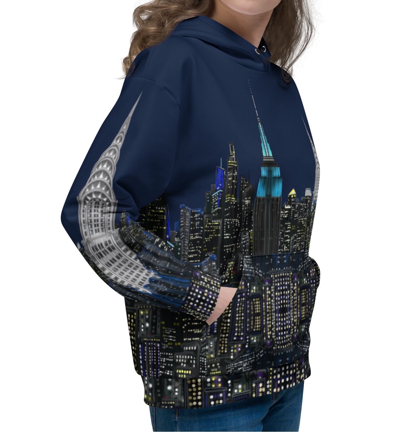 Woman wearing a hoodie with a Loria NYC Art cityscape design on a white background