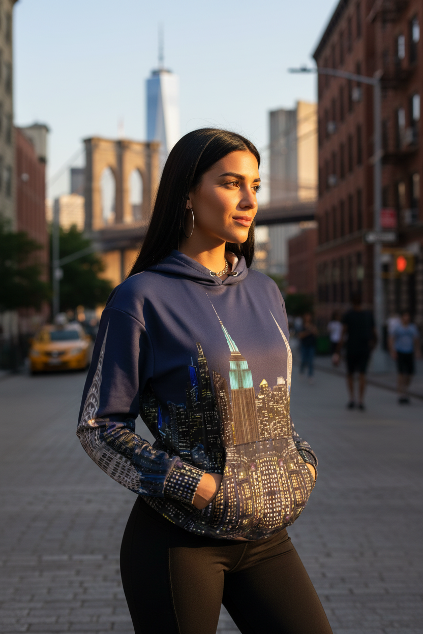 Woman wearing a hoodie with a cityscape  Loria NYC Art design on a street in an urban setting